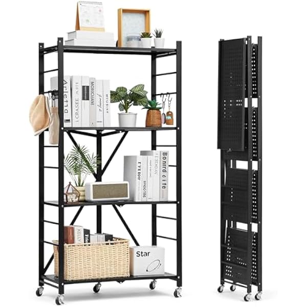 VEVOR 4-poziomowy składany regał do przechowywania, 61 szer. x 30 cm x 137 cm, składany, metalowy, wytrzymały, bez montażu, organizer z 5 kółkami i 4 haczykami, do spiżarni, kuchni, garażu, piwnicy
