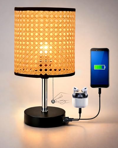 Image of Homesake Bedside Lamp for Bedroom Nightstand Table Light with USB A | C Charging Port, Desk Lamp, Pull Chain Light, Side Table Desk Reading Lamp, Living Room Gift, (Rattan Cane Cylinder)