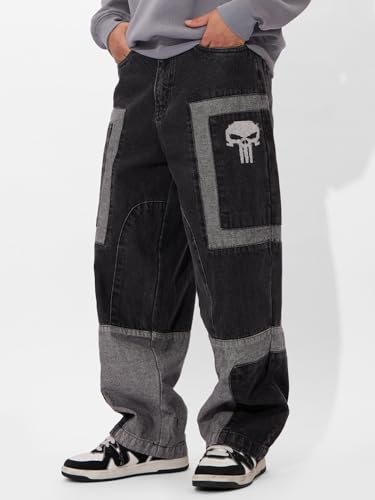 Image of The Souled Store Punisher: Charcoal Denim Men and Boys Buttoned Grey Printed Cotton Super Baggy Fit Jeans