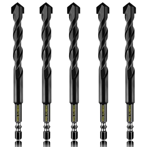 5 Pcs 10mm Masonry Drill Bits Set, Carbide Concrete Drill Bits for Brick, Stone, Concrete, Tile, Ceramic, Porcelain, Glass, Plastic, Wood and More, Quick Change 6mm Hex Shank, with Sturdy Case