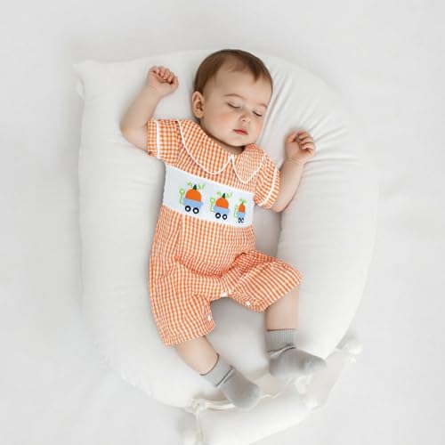 Baby Boy Smocked Pumpkin Romper Short Sleeve Embroidery Truck Babydoll Collar Gingham Jumpsuit Halloween Clothes3