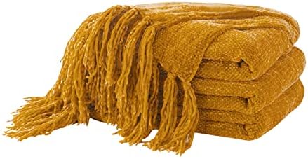 ACCOTIA Gold Chenille Throw Blanket for Couch, Super Soft Fluffy Throw Blanket for Chair, 50X60inches - Warm Decorative Blankets with Tassels for Home Décor, Bed and Living Room (50"X60", Gold)