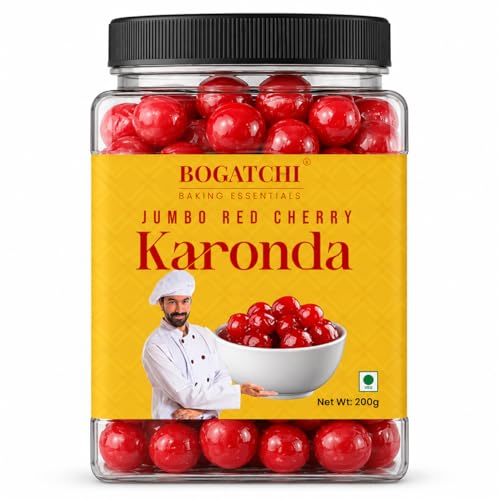 Image of BOGATCHI Jumbo Red Cherry Karonda for Cake Decoration, Ice Creams, Shakes & Desserts | Big Juicy Cherry Toppings for Baking, Garnishing & Sweets | Delicious, Tasty & Ready to Use | 200g
