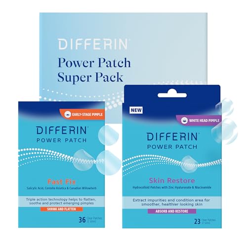 Differin Complete Acne Kit Fast Fix Pimple Patches with Salicylic Acid and Centella Asiatica 36 Count + Skin Restore Hydrocolloid Patches with Niacinamide 23 Count Dermatologist Tested