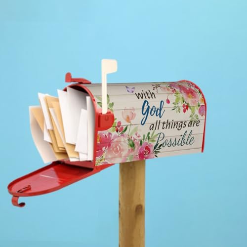 Image of Spring Summer Mailbox Cover Magnetic with God All Things are Possible Mailbox Wrap 21 inchx18 inch Peony Flowers Inspirational Standard Size Letter Post Cover for Yard Garden Outdoor Outside