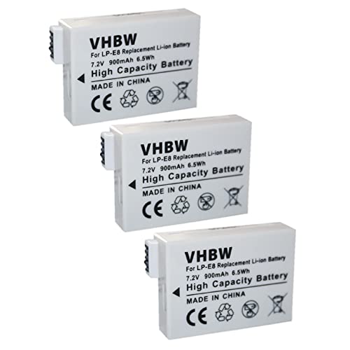 vhbw 3X Batería Recargable Compatible con Canon EOS 550, 550D, 600, 600D, 650, 650D, 700D, Kiss X4 cámara Digital, DSLR (900 mAh, 7,2 V, Li Ion)