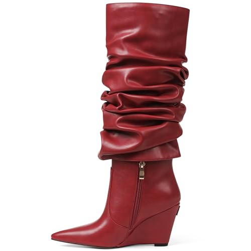 Oiamenne Women's Fold Over Boots Slouched Ruched Knee High Boots for Women Wedge Heel Pointed Toe Tall Boot Wide Calf Pull-on Casual Boots Size 6 by Oiamenne - Used condition - Image 4