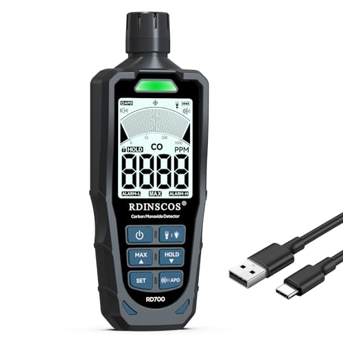 RDINSCOS Tragbarer Kohlenmonoxidmelder Wiederaufladbarer CO-Melder mit Akustischen & Optischen Alarmen, CO-Detektor für 0-1000PPM,Professionelle Sensor CO-Alarm für für Haus, Auto, Camping & Reisen