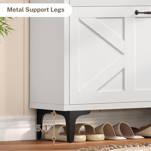 Image of TEENFON Slim Shoe Cabinet, Farmhouse Hidden Shoe Storage with 2 Flip Drawers & 1 Top Drawer, Narrow Shoe Cabinet with Adjustable Shelves and Hooks, Shoe Storage Cabinet for Entryway, White