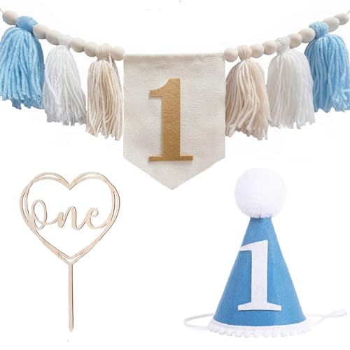Image of First Birthday Party Decorations Blue Highchair Wood Bead Tassel Garland 1st Birthday Crown Cake Topper
