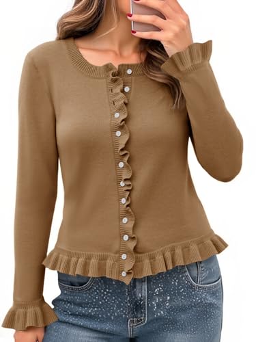 Image of Saodimallsu Womens Ruffle Cardigan Sweaters Button Up Crew Neck Long Sleeve Cropped Sweater Cute Soft Knit Tops