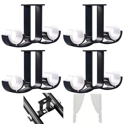 LTHERMELK 4 pièces supports pour rideaux doubles Tringle à rideaux en métal robuste Support de rideaux pour montage au plafond (noir)