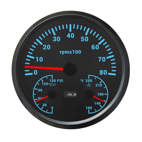 110mm Motor 3 in 1 Gauge RPM Tachometer REV Counter Hourmeter Oil Pressure 0-150PSI Water Temp 100-250°F with Adjustable Backlights 12V for Car Motorcycle Boat Yacht (Black&Black, 0-8000 RPM)