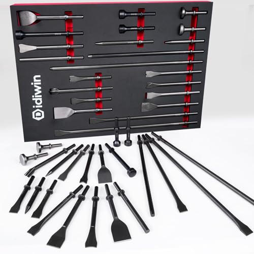 Didiwin Air Hammer Bits 22-Piece with Foam Organizer 0.401 Shank 42Cr-Mo Air Hammer Attachments HRC60 Heat-treated Rolled Rust-resistant Oil Treatment Air Chisel Bits