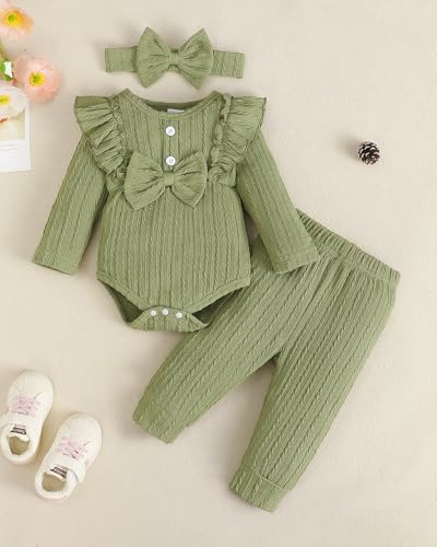 SUNNY PIGGY Baby Girl Clothes Newborn Infant Romper Ruffle Baby Girl's Outfit Knit Texture Fall Winter Clothing Pants Set2