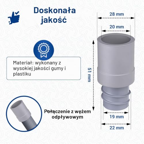 Vioks - Przyłącze do węża spustowego, gumowe, z końcówką o średnicy 22 mm, do węża spustowego o średnicy 19 mm, idealne do pralki i zmywarki