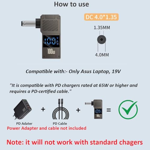 Image of ETZIN 100W (4.0 * 1.35mm) Type C Female to DC Converter for Asus X201E, X553S, X200LA, Fast Charging Type C to Asus Replacement Laptop PD Adapter