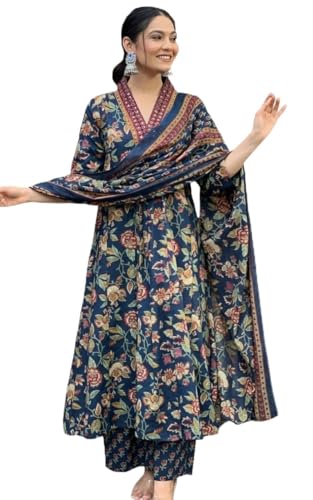 ISHKRATI Women's Floral Printed Rayon Anarkali Suit Set with Dupatta & Pants – Elegant Ethnic & Festive Wear (US, Alpha, Medium, Regular, Regular, Blue)