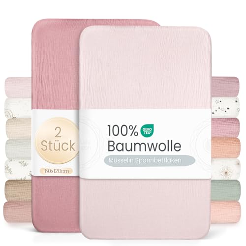 lulumoon 2er Set Kinder Spannbettlaken, Musselin-Baumwolle Spannbetttuch für Babybett und Kinderbett 60x120cm / 70x140cm Reisebett Spannlaken Beistellbett Leintücher (Rosa Nelke, 60x120cm)
