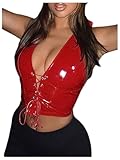 WDIRARA Women's PU Leather Deep V Neck Sleeveless Halter Top Y2k Lace Up Front Crop Top Red Large