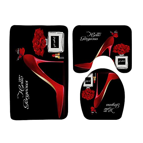 Red High Heel 3 Piece Bath Rugs Set,Hello Gorgeous Perfume Lipstick Flower Romantic Fashion Woman Girls Black Bathroom Kitchen Rug with 16