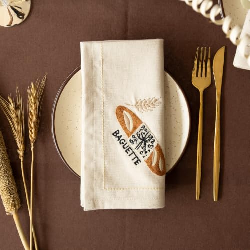 Image of Sourdough & Baguette Embroidered Napkins Set of 6,18x18 Inch, Reusable & Washable Napkins for Dining Table, Tea, Cocktails & Table Decor - Artisan Bakery Embroidered
