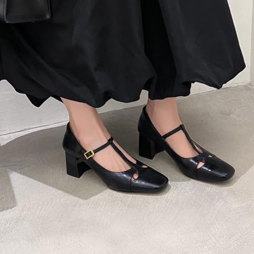 XIEDA Women's Genuine Leather Mary Janes Vintage T Strap Chunky Heel Comfortable Pumps Dress Shoes4