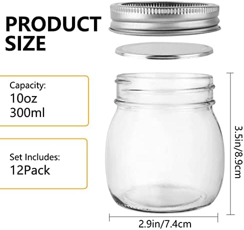 10 oz 300ml Glass Mason Jars,12 Pack Canning Jars with Leak-proof Split-type Silver Lids,Reusable Clear Storage Jar for Pickling,Overnight Oats,Fruits&Spice Storage,Party Favors,Homemade Gift