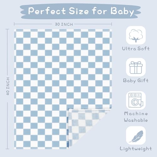 Image of Yurhap Checkered Baby Blanket Fleece Baby Blankets for Boys, Ultra Soft Cozy Fluffy Infant Toddler Newborn Receiving Blankets for Crib Stroller, 30''x40'', Blue