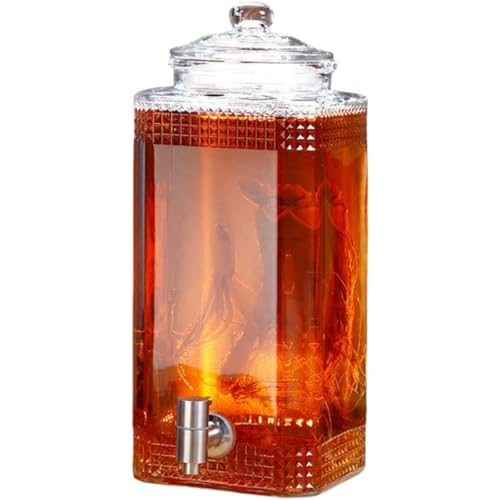 Vzfv ガラスドリンクサーバー 蛇口付き 7.5L 大容量 ステンレス製コック 密閉蓋 竹製台座 家庭用 果実酒・梅酒・ジュース・水・ビール保存容器 キッチン・パーティー・BBQに (7.5L+ステンレス蛇口)