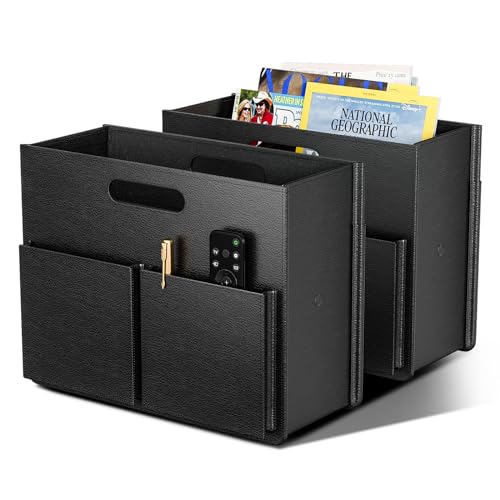 ABC life 2 PACK Magazine Basket Holder, PU Leather Foldable Magazine Rack, Document File Holder Organizer, Newspaper Book Storage Bin Organizer for Living Room Home Office, Balck