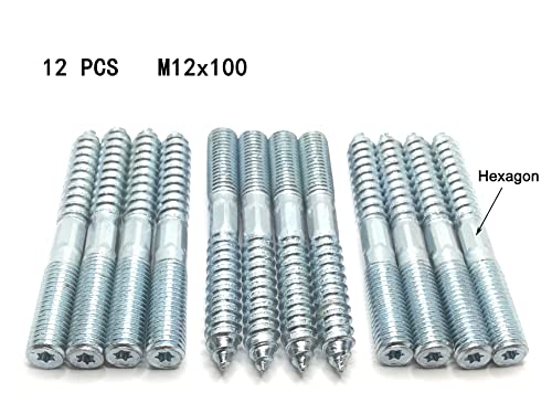 Image of Hanger Bolt M12x100 Silvery Double Headed Bolt Self-Tapping Screw with Hexagon for Furniture 12Pcs
