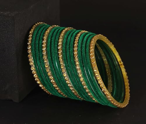 Image of NMII Premium Glass & Golden Beads Velvet Bangle Set For Women and Girls | Velvet Chudi | Traditional Chudi Set | Designer Girl's Bangles Bracelet | Wedding, Party, Festive, Daily- Set of 34