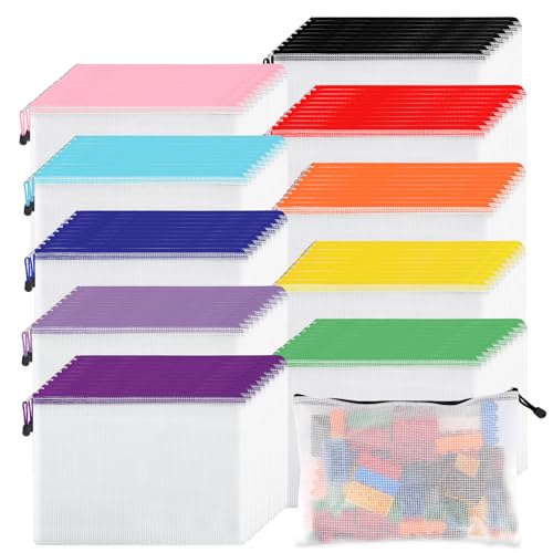 Image of EOOUT 100pcs Mesh Zipper Pouch, A4 Size, 10 Colors Zipper Bags for Organizing Storage, Waterproof Puzzle Bag, Zipper File Bags for Board Games and School Office Supplies