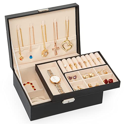 NUZEKY Schmuckkästchen mit Schloss, 2 Schicht Schmuck Koffer Schmuckbox für Mädchen Frauen, Schmuckkästchen für Armbänder, Ohrringe, Halsketten, Ringe und Uhren, Geschenkidee, Weihnachten Cover
