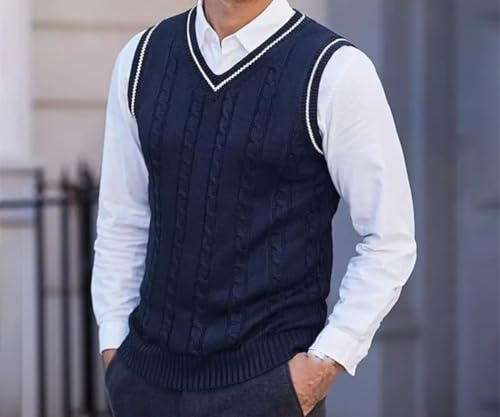 Mens Sweater Vest Color Blocking Design Slim Fit Knit Vest V Neck Preppy Style Sleeveless Pullover 5