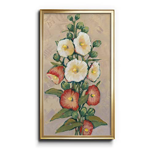 Renditions Gallery Red Hollyhocks I 12"x24" inches Gold Framed Modern Decoration White Flower Canvas Wall Art Prints Oil Painting for Living Room Office Wall Décor