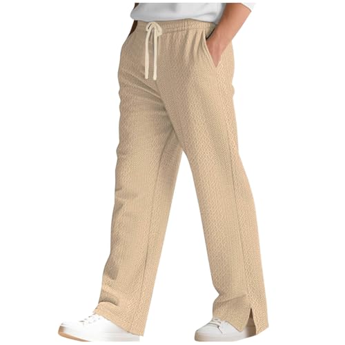 Knitted Textured Pants for Men Straight Leg Drawstring Split Hem Pant Casual Solid Color Comfy Trousers with Pockets