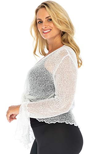 Back From Bali Womens Plus Size Sheer Shrug Bolero Long Sleeves Cropped Cardigan Bell Sleeves 2X 3X 4X Lightweight White #TOP1