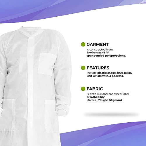Amz Medical Supply Disposable Lab Coats For Adults Medium, White Disposable Lab Coat Knee Length 10 Pack, 50Gm/M2 Pp Painting Lab Coat Disposable With 3 Pockets, Knit Wrist, Knit Collar, Plastic Snaps #TOP2