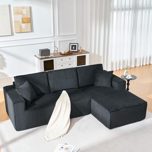 Sapgaks Canapé d'angle en L en Velours côtelé,entièrement compressé,Groupe de sièges 2 Personnes + Coin méridienne,canapé 3 Places modulable (Black +...
