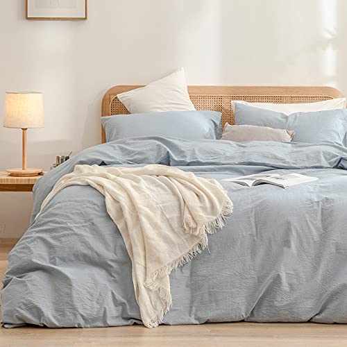 BESTOUCH Cal King Duvet Cover Set - 100% Washed Cotton, Super Soft & Chic, Solid Cornflower Blue, 3 Pieces