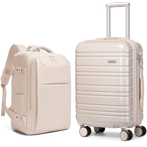 Image of LARVENDER Carry on Luggage 22x14x9 Airline Approved Hardshell Suitcase with Wheels TSA Lock, PC+ABS Lightweight Suitcase Set for Women with Travel Backpack, Glossy Champagne