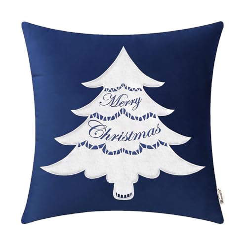 BRAWARM Christmas Tree Pillow Cover 18x18 Navy Blue Velvet Embroidered