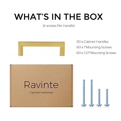 Image of Ravinte Gold Cabinet Handles Square Cabinet Pulls, 4 Inch CC, 30 Pack | Stainless Steel Hardware Pulls, Smooth Bar Grip, Kitchen Cabinet Update, For Cabinets, Cupboards, Drawers, Furniture Projects