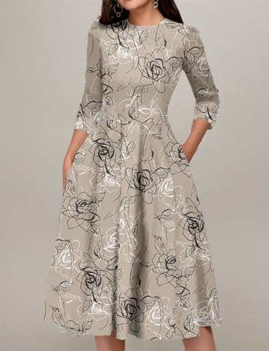 Image of Simple Flavor Women's Floral Vintage Dress Elegant Midi Evening Dress 3 /4 Sleeves