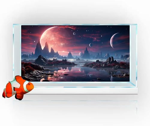 Image of 24X12IN Cosmic Spaceterrarium Background, Cool Parallel Space Themed Aquarium Reptile Habitat Background, Red Moon Aquarium Background with 10EVA Double-Sided Tape