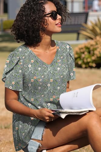 Image of CATHY 2026 Women Tops Summer Short Sleeve Tunic V Neck T-Shirts Loose Casual Floral Blouse S-4XL
