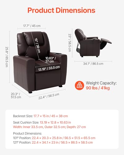 Image of VEVOR Kids Recliner, Toddler Recliner with Cup Holder, 101 to 121 Adjustable Backrest, Push Back PU Leather Kids Reclining Chair Couch with Footrest & 90 lbs Load, Ideal for Child Ages 1-6, Brown