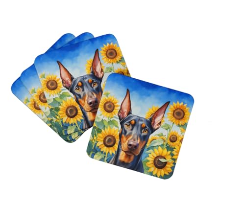 Caroline's Treasures Doberman Pinscher in Sunflowers Foam Coasters Set of 4 Cup Coasters for Indoor Outdoor, Tabletop Protection, Anti Slip, Mouse pad Material